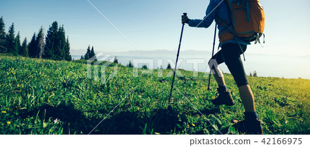 图库照片: hiker walking on beautiful green mountain hill top