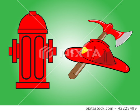 插图素材: firefighter helmet with axe and red fire hydrant