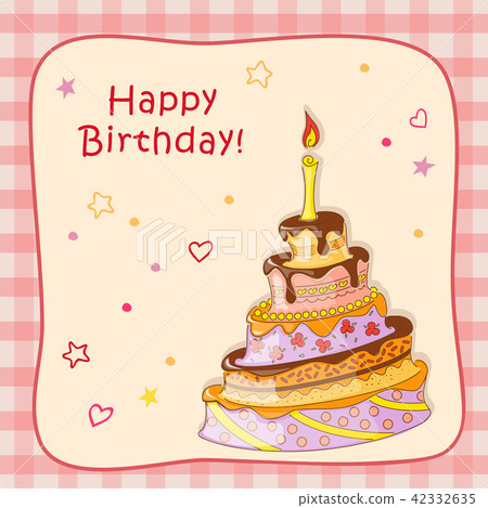 插图素材: birthday card with doodle cake, candle into frame