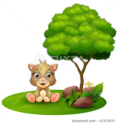 插图素材: cartoon cat sitting under a tree