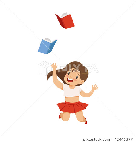 插图素材: happy smiling little girl having fun with books, cute