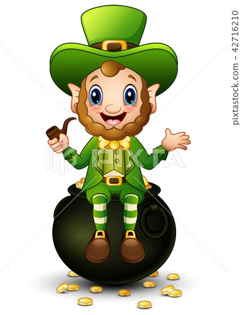 图库插图: cartoon leprechaun sitting on pot of gold