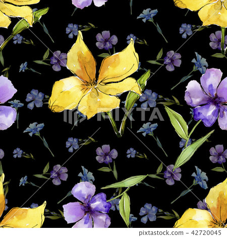 Watercolor Blue And Yellow Flax Flowers Floral Stock Illustration