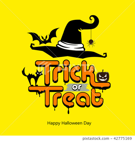 插图素材: trick or treat message hat, pumpkin, cat, bat