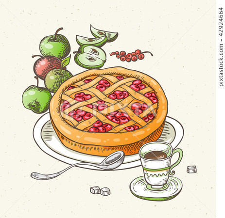 插图素材: fruit pie, apples and cup of coffee.