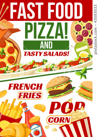 插图素材: fast food pizza, popcorn and fries snacks menu 查看