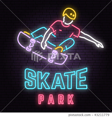 插图素材: neon skate park sign on brick wall background.