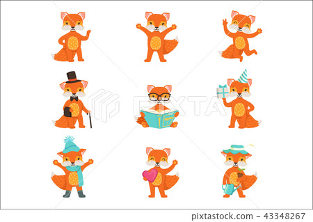插图素材: cute little fox cartoon characters set for label