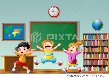 图库插图: happy school kids cartoon jumping in a classroom