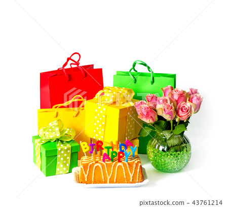 stock photo: happy birthday party decoration gift box flowers