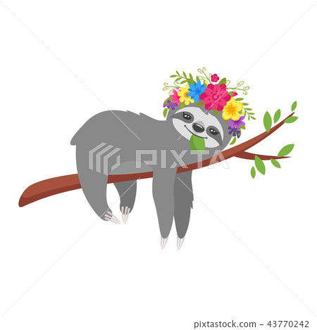 插图素材: sloth character in floral wreath