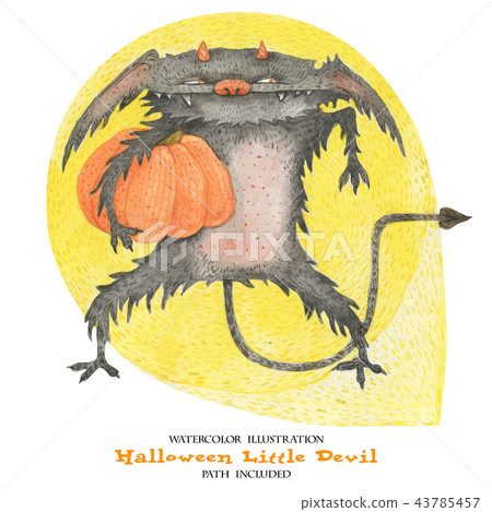 图库插图: watercolor halloween little devil steals a pumpkin