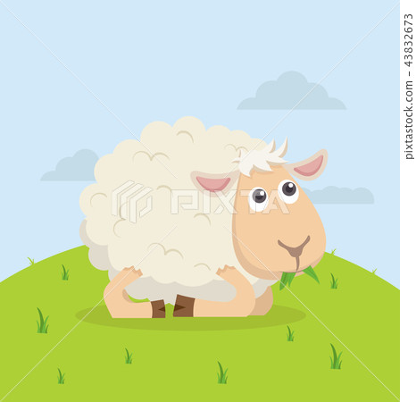 插图素材: cute sheep happy eat grass cartoon