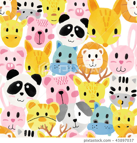 插图素材: watercolour cute animal faces pattern seamless