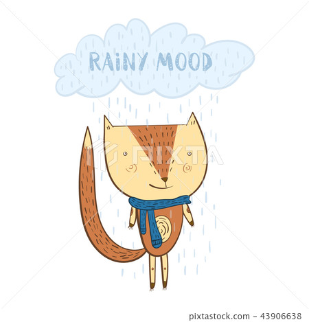 图库插图: cute cartoon orange fox under the rainy cloud