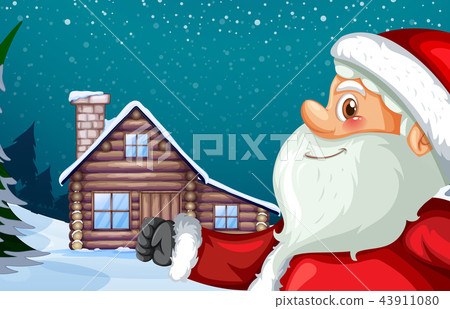 插图素材: santa claus and winter hut background