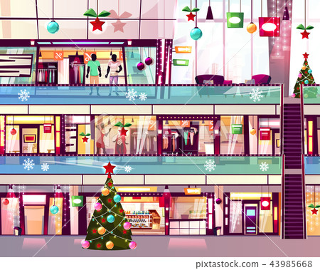 插图素材: christmas mall shops escalator vector illustration