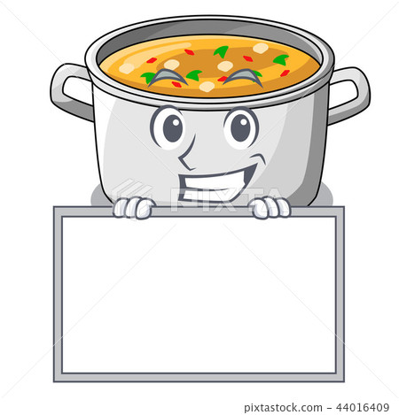 插图素材: grinning with board vegetable soup with pasta in pot