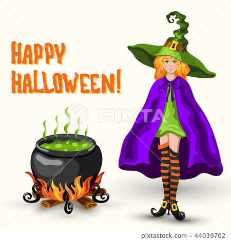 插图素材: witch, cauldron with poison and halloween title