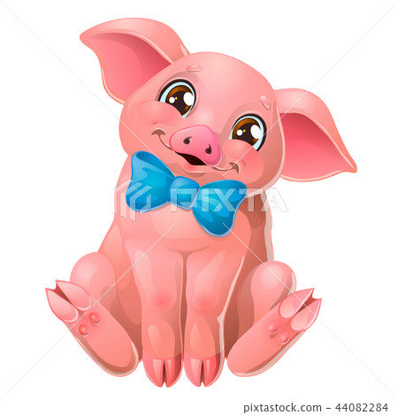 插图素材 cute pink pig with bow sits on white 查看全部