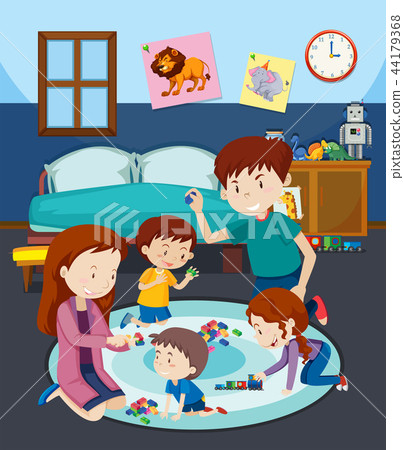 插图素材: a family playing toy with children