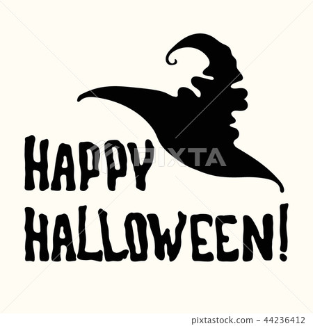 图库插图: happy halloween title and witch hat on the white