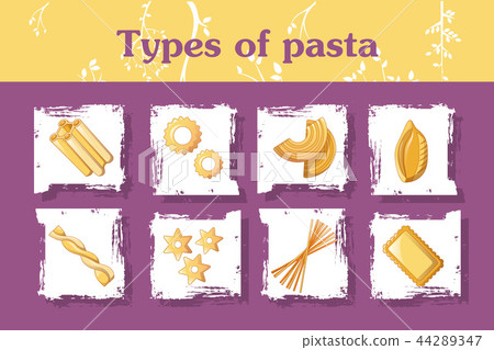 插图素材: types of italian pasta concept background, cartoon