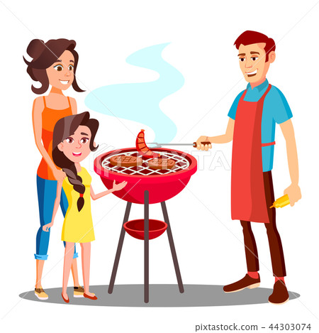 插图素材: happy family having barbecue in the outdoor vector.