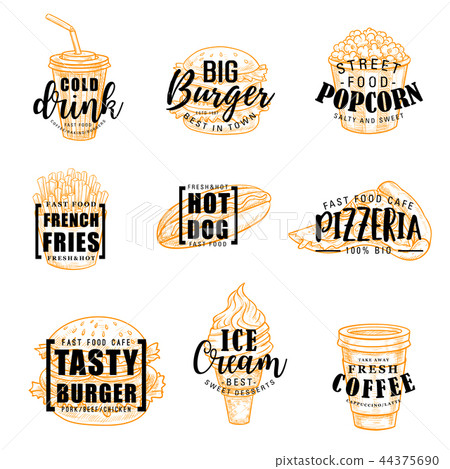 插图素材: fast food snacks, drinks vector lettering 查看全部