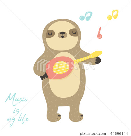 插图素材: cute singing sloth playing little ukulele.