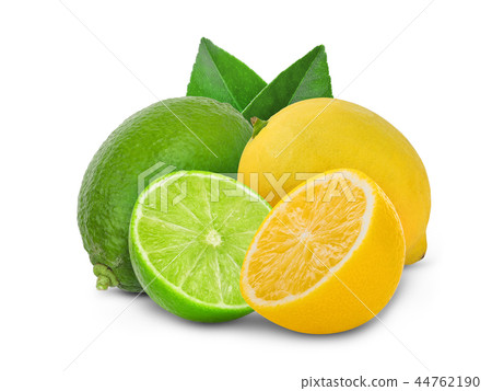 图库照片: fresh lime and lemon with green leaf isolated