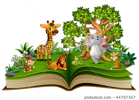 插图素材: open book with animal cartoon playing in the park 查看