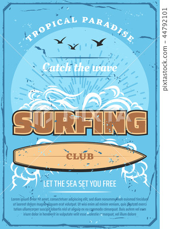 图库插图: surfing sport club retro poster, sea and surfboard