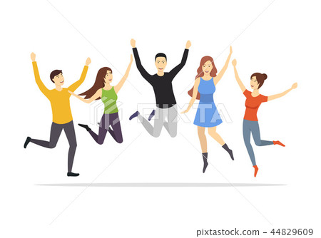 图库插图: cartoon characters group of people jumping set. vector