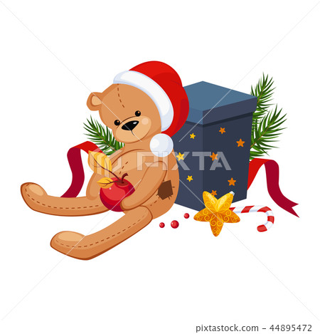 插图素材: cute teddy bear in a christmas hat sitting near gift.