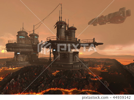 插图素材: 3d illustration of a futuristic base on an alien