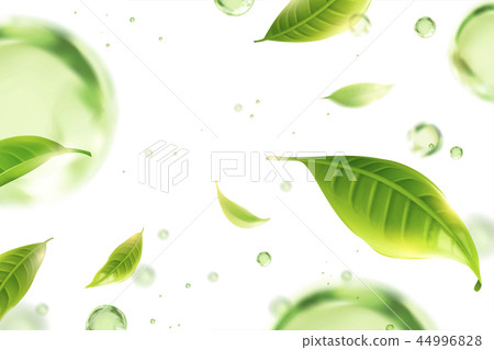 插图素材: flying green tea leaves background