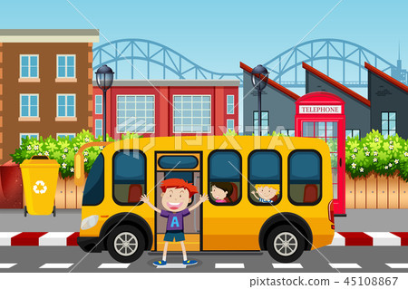 插图素材: boy infront of school bus scene