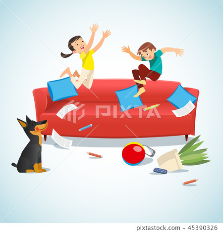 插图素材: kids jumping on the couch playing with a ball 查看全部