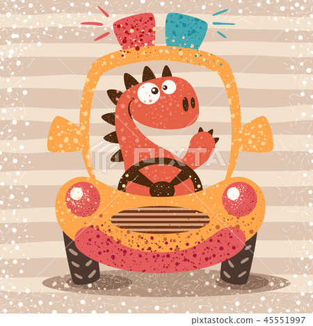 图库插图 cute dino drive funny car.