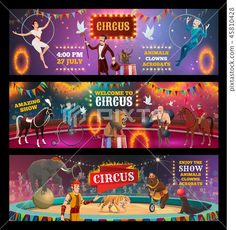 stock illustration: circus show clown, animals, magician and