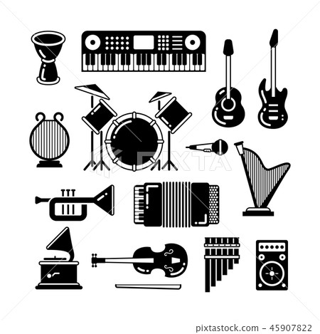 插图素材: classic music instruments, silhouettes vector icons.
