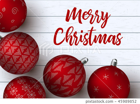 插图素材: christmas red ornate balls on white wooden board 查看
