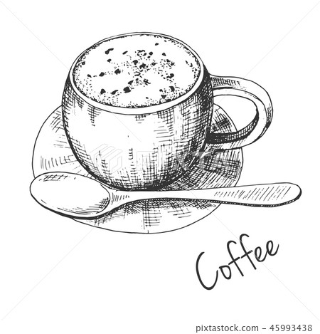 插图素材: sketch of coffee mugs on a saucer with a spoon.