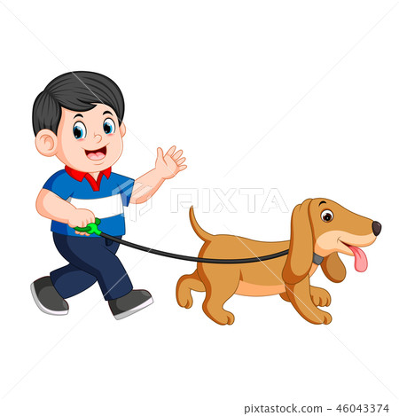 插图素材: happy boy walking with his dog