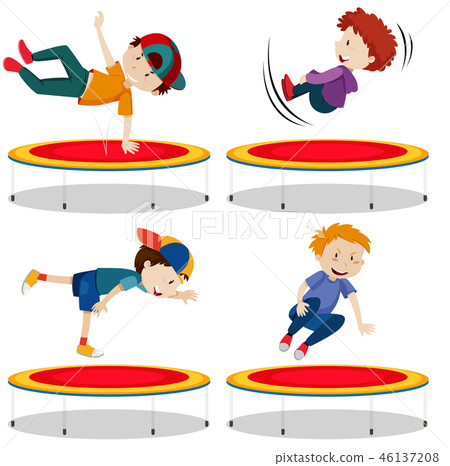 图库插图: boy jumping trampoline on white background