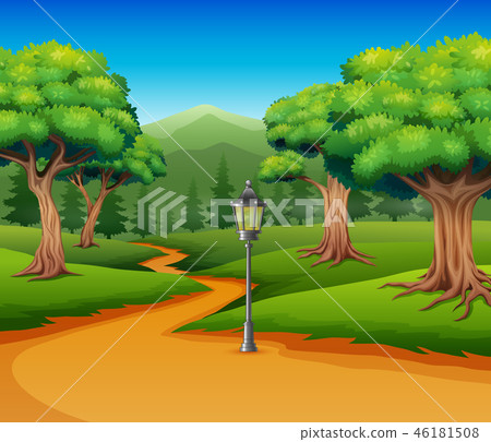 图库插图 cartoon of forest background with dirt road