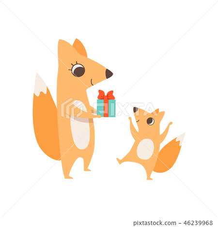 插图素材: loving mother giving a gift box to her child, animal