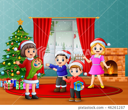 插图素材: happy family celebration a christmas in the home