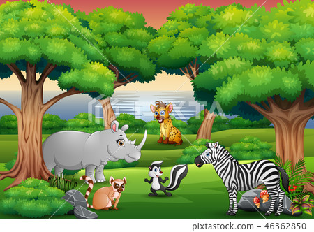 插图素材: cartoon wild animal enjoying in the jungle